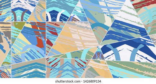 Abstract collage asymmetric pattern. Digital freehand art, grunge texture. Vector patchwork quilt background. Decorative elements, brush strokes ornament for flyer, poster, cover, textile fabric print
