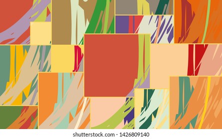 Abstract collage asymmetric pattern. Digital freehand art, grunge texture. Vector patchwork quilt background. Decorative elements, brush strokes ornament for flyer, poster, cover, textile fabric print