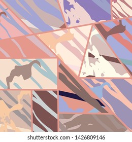 Abstract collage asymmetric pattern. Digital freehand art, grunge texture. Vector patchwork quilt background. Decorative elements, brush strokes ornament for flyer, poster, cover, textile fabric print