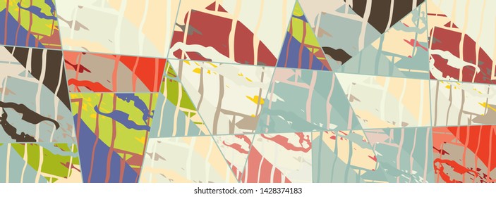Abstract collage asymmetric pattern. Digital freehand art, grunge texture. Vector patchwork quilt background. Decorative elements, brush strokes ornament for flyer, poster, cover, textile fabric print