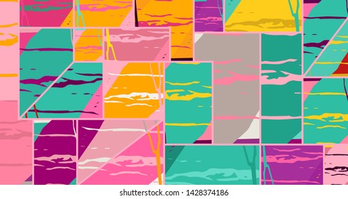 Abstract collage asymmetric pattern. Digital freehand art, grunge texture. Vector patchwork quilt background. Decorative elements, brush strokes ornament for flyer, poster, cover, textile fabric print