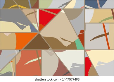 Abstract collage asymmetric pattern. Digital freehand art, grunge texture. Vector patchwork quilt background. Decorative elements, brush strokes ornament for flyer, poster, cover, textile fabric print