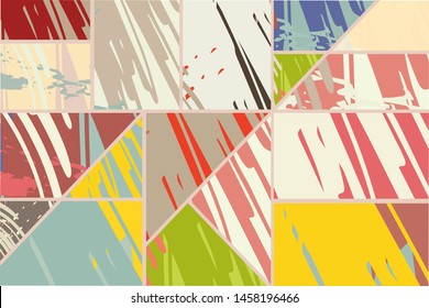 Abstract collage asymmetric pattern. Digital freehand art, grunge texture. Vector patchwork quilt background. Decorative elements, brush strokes ornament for flyer, poster, cover, textile fabric print