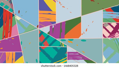 Abstract collage asymmetric pattern. Digital freehand art, grunge texture. Vector patchwork quilt background. Decorative elements, brush strokes ornament for flyer, poster, cover, textile fabric print