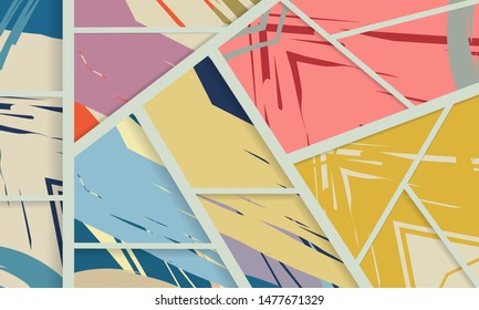 Abstract collage asymmetric pattern. Digital freehand art, grunge texture. Vector patchwork quilt background. Decorative elements, brush strokes ornament for flyer, poster, cover, textile fabric print