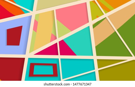 Abstract collage asymmetric pattern. Digital freehand art, grunge texture. Vector patchwork quilt background. Decorative elements, brush strokes ornament for flyer, poster, cover, textile fabric print