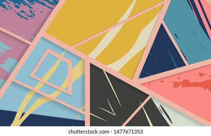 Abstract collage asymmetric pattern. Digital freehand art, grunge texture. Vector patchwork quilt background. Decorative elements, brush strokes ornament for flyer, poster, cover, textile fabric print