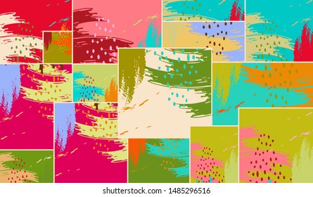 Patrón asimétrico abstracto del colaje. Arte de mano libre digital, textura gruesa. Fondo del tejido de mosaico de mosaico de trabajo de vectores. Elementos decorativos, trazos de pincel adornados para volante, afiche, tapa, tela textil