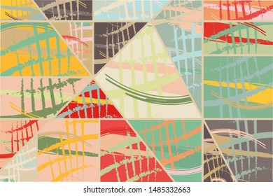 Abstract collage asymmetric pattern. Digital freehand art, grunge texture. Vector patchwork quilt background. Decorative elements, brush strokes ornament for flyer, poster, cover, textile fabric print