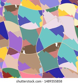 Abstract collage asymmetric pattern. Digital freehand art, grunge texture. Vector patchwork quilt background. Decorative elements, brush strokes ornament for flyer, poster, cover, textile fabric print
