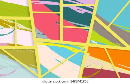 Abstract collage asymmetric pattern. Digital freehand art, grunge texture. Vector patchwork quilt background. Decorative elements, brush strokes ornament for flyer, poster, cover, textile fabric print