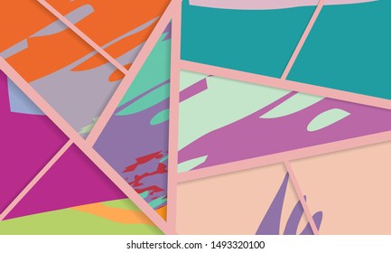 Abstract collage asymmetric pattern. Digital freehand art, grunge texture. Vector patchwork quilt background. Decorative elements, brush strokes ornament for flyer, poster, cover, textile fabric print