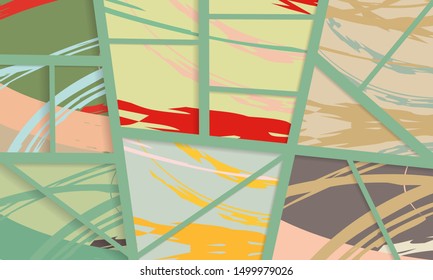 Abstract collage asymmetric pattern. Digital freehand art, grunge texture. Vector patchwork quilt background. Decorative elements, brush strokes ornament for flyer, poster, cover, textile fabric print