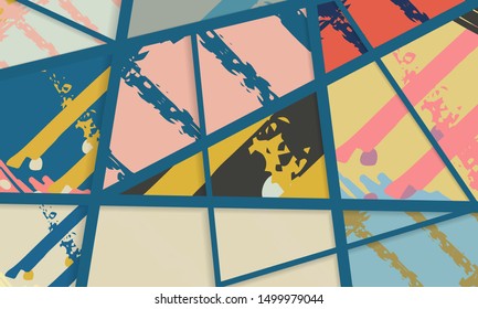 Abstract collage asymmetric pattern. Digital freehand art, grunge texture. Vector patchwork quilt background. Decorative elements, brush strokes ornament for flyer, poster, cover, textile fabric print