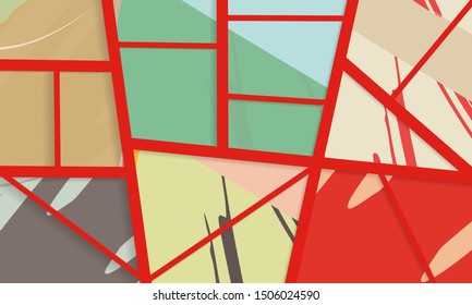 Abstract collage asymmetric pattern. Digital freehand art, grunge texture. Vector patchwork quilt background. Decorative elements, brush strokes ornament for flyer, poster, cover, textile fabric print
