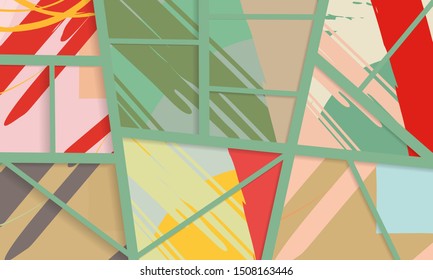 Abstract collage asymmetric pattern. Digital freehand art, grunge texture. Vector patchwork quilt background. Decorative elements, brush strokes ornament for flyer, poster, cover, textile fabric print
