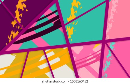 Abstract collage asymmetric pattern. Digital freehand art, grunge texture. Vector patchwork quilt background. Decorative elements, brush strokes ornament for flyer, poster, cover, textile fabric print