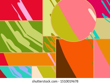 Abstract collage asymmetric pattern. Digital freehand art, grunge texture. Vector patchwork quilt background. Decorative elements, brush strokes ornament for flyer, poster, cover, textile fabric print