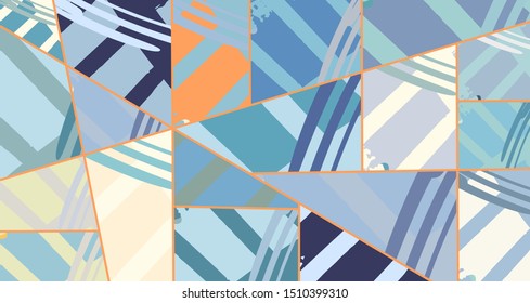 Abstract collage asymmetric pattern. Digital freehand art, grunge texture. Vector patchwork quilt background. Decorative elements, brush strokes ornament for flyer, poster, cover, textile fabric print