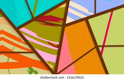 Abstract collage asymmetric pattern. Digital freehand art, grunge texture. Vector patchwork quilt background. Decorative elements, brush strokes ornament for flyer, poster, cover, textile fabric print