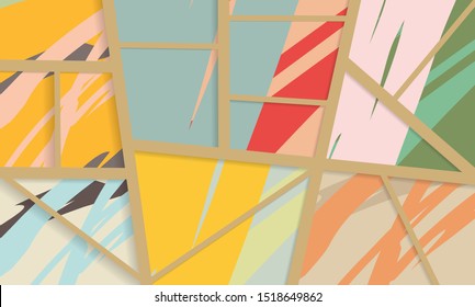 Abstract collage asymmetric pattern. Digital freehand art, grunge texture. Vector patchwork quilt background. Decorative elements, brush strokes ornament for flyer, poster, cover, textile fabric print