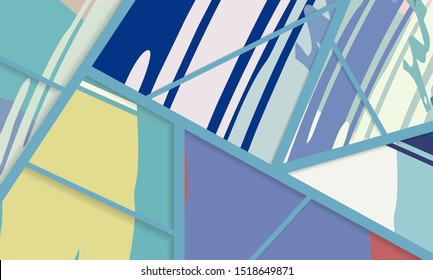 Abstract collage asymmetric pattern. Digital freehand art, grunge texture. Vector patchwork quilt background. Decorative elements, brush strokes ornament for flyer, poster, cover, textile fabric print