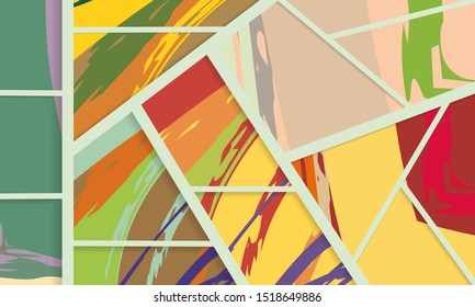 Abstract collage asymmetric pattern. Digital freehand art, grunge texture. Vector patchwork quilt background. Decorative elements, brush strokes ornament for flyer, poster, cover, textile fabric print
