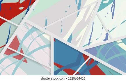 Abstract collage asymmetric pattern. Digital freehand art, grunge texture. Vector patchwork quilt background. Decorative elements, brush strokes ornament for flyer, poster, cover, textile fabric print