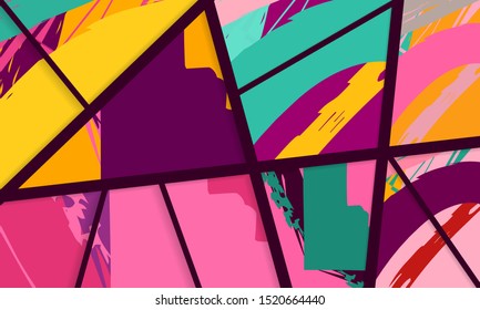 Abstract collage asymmetric pattern. Digital freehand art, grunge texture. Vector patchwork quilt background. Decorative elements, brush strokes ornament for flyer, poster, cover, textile fabric print