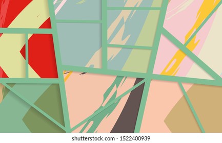 Abstract collage asymmetric pattern. Digital freehand art, grunge texture. Vector patchwork quilt background. Decorative elements, brush strokes ornament for flyer, poster, cover, textile fabric print
