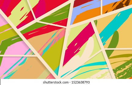 Abstract collage asymmetric pattern. Digital freehand art, grunge texture. Vector patchwork quilt background. Decorative elements, brush strokes ornament for flyer, poster, cover, textile fabric print