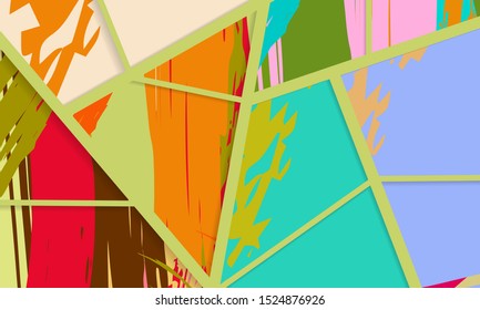 Abstract collage asymmetric pattern. Digital freehand art, grunge texture. Vector patchwork quilt background. Decorative elements, brush strokes ornament for flyer, poster, cover, textile fabric print