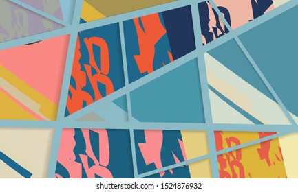 Abstract collage asymmetric pattern. Digital freehand art, grunge texture. Vector patchwork quilt background. Decorative elements, brush strokes ornament for flyer, poster, cover, textile fabric print