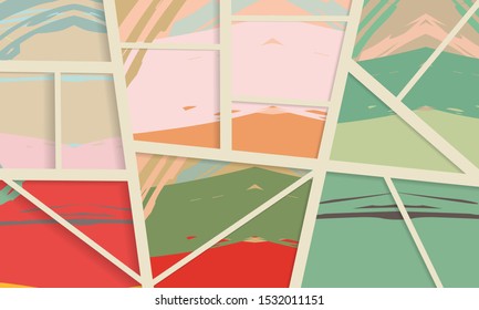 Abstract collage asymmetric pattern. Digital freehand art, grunge texture. Vector patchwork quilt background. Decorative elements, brush strokes ornament for flyer, poster, cover, textile fabric print