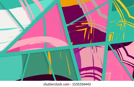 Abstract collage asymmetric pattern. Digital freehand art, grunge texture. Vector patchwork quilt background. Decorative elements, brush strokes ornament for flyer, poster, cover, textile fabric print
