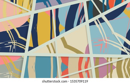 Patrón asimétrico abstracto del colaje. Arte de mano libre digital, textura gruesa. Fondo del tejido de mosaico de mosaico de trabajo de vectores. Elementos decorativos, trazos de pincel adornados para volante, afiche, tapa, tela textil