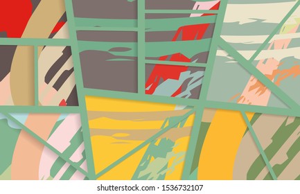Abstract collage asymmetric pattern. Digital freehand art, grunge texture. Vector patchwork quilt background. Decorative elements, brush strokes ornament for flyer, poster, cover, textile fabric print
