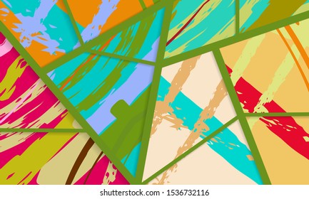 Abstract collage asymmetric pattern. Digital freehand art, grunge texture. Vector patchwork quilt background. Decorative elements, brush strokes ornament for flyer, poster, cover, textile fabric print