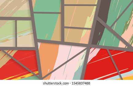 Abstract collage asymmetric pattern. Digital freehand art, grunge texture. Vector patchwork quilt background. Decorative elements, brush strokes ornament for flyer, poster, cover, textile fabric print