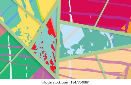 Abstract collage asymmetric pattern. Digital freehand art, grunge texture. Vector patchwork quilt background. Decorative elements, brush strokes ornament for flyer, poster, cover, textile fabric print