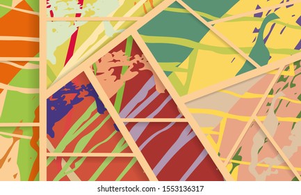 Abstract collage asymmetric pattern. Digital freehand art, grunge texture. Vector patchwork quilt background. Decorative elements, brush strokes ornament for flyer, poster, cover, textile fabric print