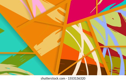 Abstract collage asymmetric pattern. Digital freehand art, grunge texture. Vector patchwork quilt background. Decorative elements, brush strokes ornament for flyer, poster, cover, textile fabric print