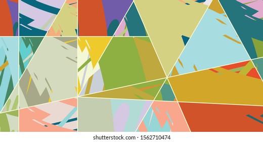 Abstract collage asymmetric pattern. Digital freehand art, grunge texture. Vector patchwork quilt background. Decorative elements, brush strokes ornament for flyer, poster, cover, textile fabric print