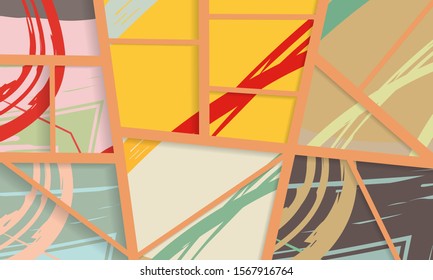 Abstract collage asymmetric pattern. Digital freehand art, grunge texture. Vector patchwork quilt background. Decorative elements, brush strokes ornament for flyer, poster, cover, textile fabric print