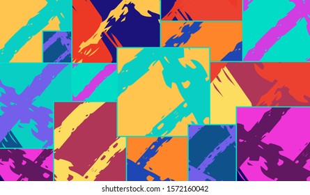 Abstract collage asymmetric pattern. Digital freehand art, grunge texture. Vector patchwork quilt background. Decorative elements, brush strokes ornament for flyer, poster, cover, textile fabric print