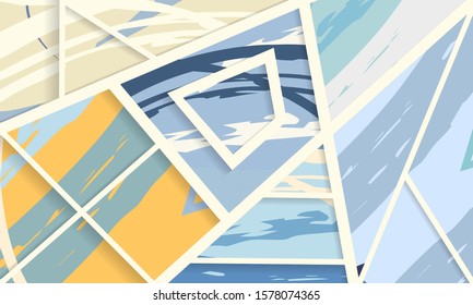 Abstract collage asymmetric pattern. Digital freehand art, grunge texture. Vector patchwork quilt background. Decorative elements, brush strokes ornament for flyer, poster, cover, textile fabric print