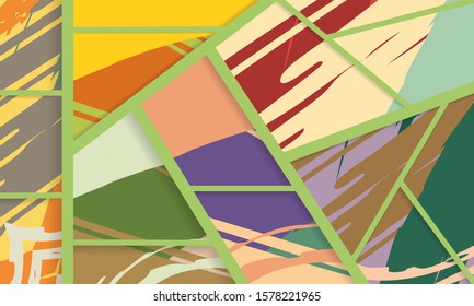 Abstract collage asymmetric pattern. Digital freehand art, grunge texture. Vector patchwork quilt background. Decorative elements, brush strokes ornament for flyer, poster, cover, textile fabric print
