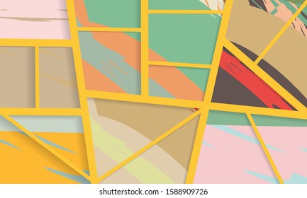 Abstract collage asymmetric pattern. Digital freehand art, grunge texture. Vector patchwork quilt background. Decorative elements, brush strokes ornament for flyer, poster, cover, textile fabric print