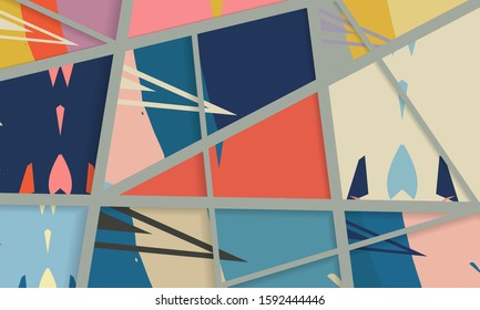 Abstract collage asymmetric pattern. Digital freehand art, grunge texture. Vector patchwork quilt background. Decorative elements, brush strokes ornament for flyer, poster, cover, textile fabric print