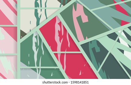 Abstract collage asymmetric pattern. Digital freehand art, grunge texture. Vector patchwork quilt background. Decorative elements, brush strokes ornament for flyer, poster, cover, textile fabric print